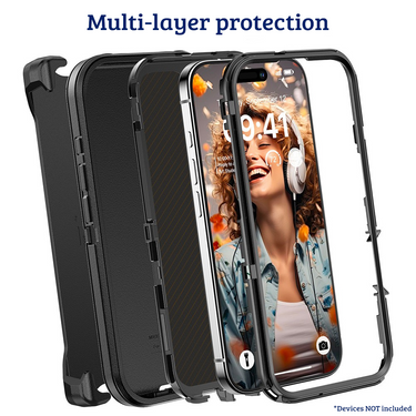 iPhone 16 Pro Rugged Armour Case Cover with 360° Rotation, Belt Clip, and Kickstand - Tough and Shockproof Protection Clip - Black